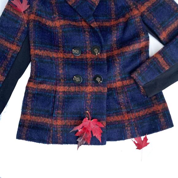 Cabi Plaid City Coat in Navy & Rust | Double-Breasted Fall Statement Jacket Edit - Picture 8 of 16